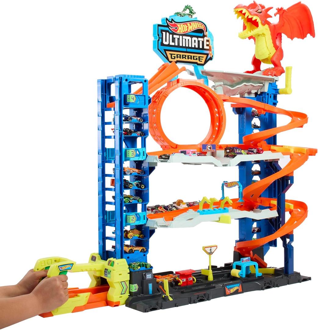 Hot Wheels City Ultimate Garage Track Set with 2 Die-Cast Toy Cars & Car-Eating Dragon, Stores 50+ Vehicles, 4 Levels