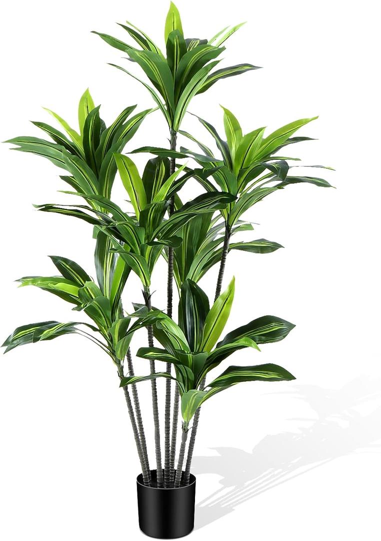 Dracaena Artificial Plant Indoor 5FT - Large Tropical Fake Tree with Lifelike Leaves - Tall Faux Floor Plant in Pot - Artificial Dracaena Tree Indoor for Home Office Living Room Decor