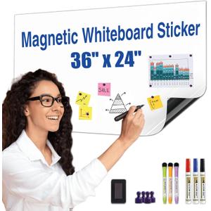 Magnetic Dry Erase Board Paper 36" x 24" Adhesive Backing White Board Sticker for Wall Peel and Stick Whiteboard Contact Paper for Office Home Include Starter Kit