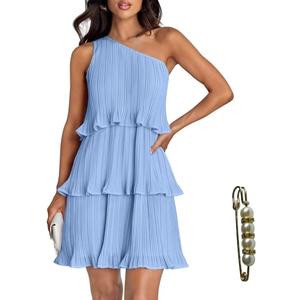 One Shoulder Mini Dress Women Tiered Ruffle Summer Sundress | One shoulder mini dress with full lining pleated fabric tiered ruffles and a flowy A-line fit for summer (Blue, S)