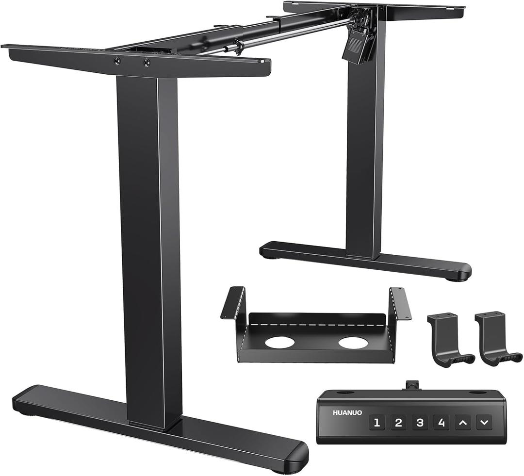 HUANUO Standing Desk Frame with Brushless Motor for Max 75 x 35 inch Tops | 220lbs capacity,4 preset heights,28.3"-46.5" Height Range,Stable Steel Legs,quiet lift,Cable Tray & Dual Hooks,black finish