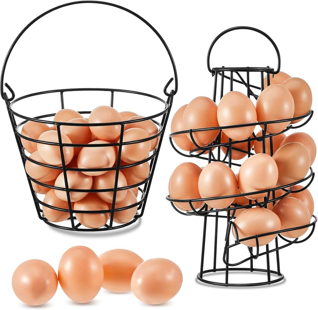 Zubebe 2 Pcs Egg Basket Storage, Spiral Fresh Egg Collecting Holder Countertop Metal Wire Rack Functional Dispenser for Kitchen Display(9.4'',handle Style)