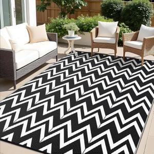 OLANLY Waterproof Outdoor Rug 8x10 ft Clearance, Reversible Outdoor Plastic Straw Rug, RV Mat, Indoor Outdoor Carpet for Patio, Camping, Balcony, Deck, Backyard, Black & White
