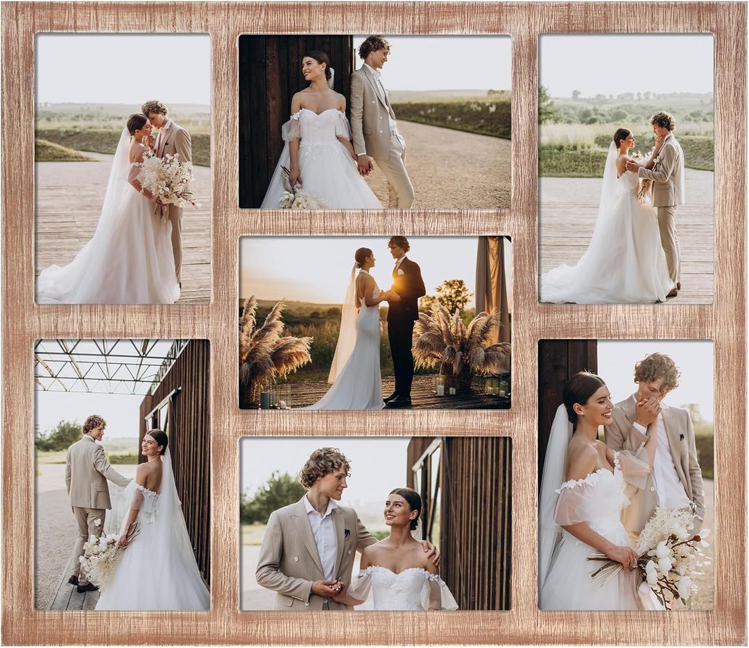 4x6 Picture Frame Collage for Wall Decor, Multiple Photo Collage Frames with Tempered Glass, 7-Opening for 4 x 6 Picture Frames, Rustic Brown, 1 Pack