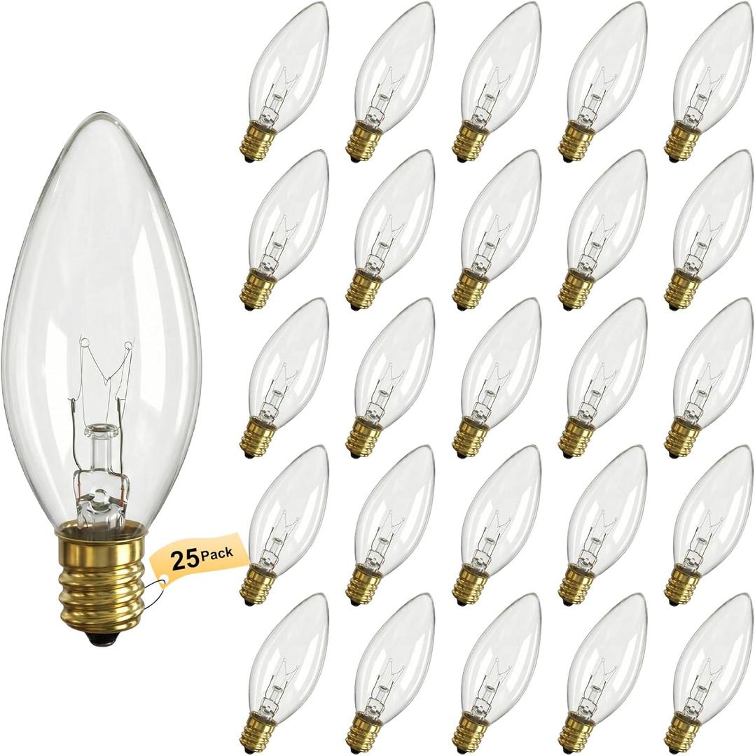 Oviejo 25 Pack Clear Torpedo Tip Replacement Bulbs, 7 Watt C26 Incandescent Bulbs for Electric Candle Lamps, Window Candles, Chandeliers, E12 Candelabra Base Light Bulbs