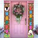 Happy Easter Banner Porch Sign Holiday Decorations Hanging Welcome Banners, Eggs Bunny Sign Spring Door Decoration for Party Home Outdoor Indoor Front Doors (Easter 2)