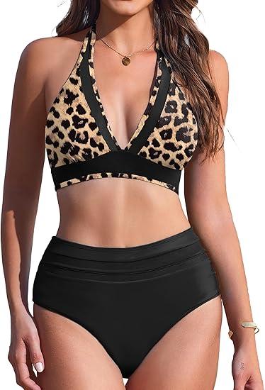 AI'MAGE Women's High Waisted Bikini Set Mesh Tummy Control Bathing Suits 2 Piece Halter V Neck 2XL