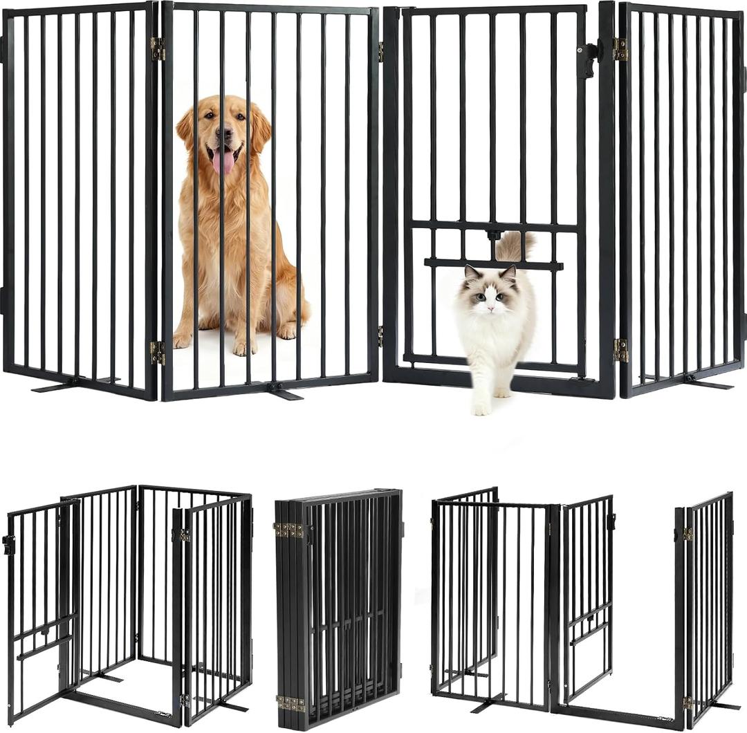 Metal Freestanding Dog Gate with Cat Door for Outdoor Indoor,80" Extra Wide Foldable Pet Fence,30" Tall Dog Gate for Large Opening,Stairs,Hallways,Doorways,Deck,Yard,with 3PCS Support(4 Panels,Black)