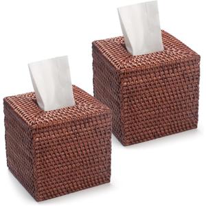 2 Pack Square Rattan Tissue Box Cover, Hand Woven Wicker Tissue Holder, 5.5 x 5.5 X 5.7 inches, Brown