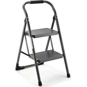 Step Stool for Adults,2 Step Ladder Folding 330lbs Anti Slip Step Stool,Foldable Ergonomic 2 Steel Stool with Wide Pedal for Home, Kitchen, Office (Gray)