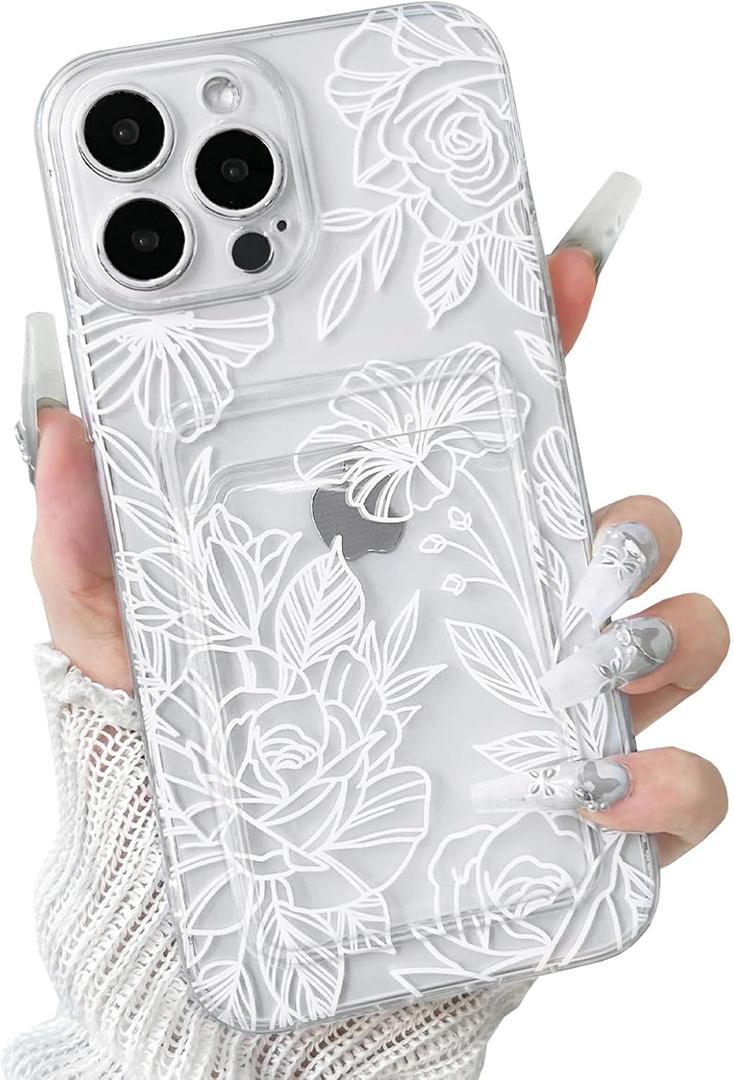 2 x NITITOP Compatible with iPhone 13 Pro Case with Card Holder Clear Cute Line Rose Floral Flowers for Women Girls Soft TPU Wallet Shockproof Protective Cover - White