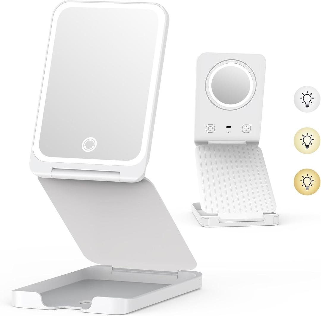Travel Makeup Mirror with Lights, Portable 1X Vanity Mirror with 5X Lighted Magnification,72 LEDs 3 Color Lights, Rechargeable 1000mAh Battery, Freely Adjust Height and Angle