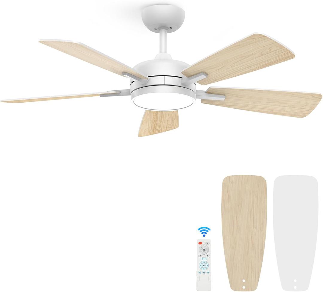 ocioc 46 Inch Ceiling Fan with Light, Large Air Volume Ceiling Fan with Night Light, Ultra Quiet Reversible DC Motor Dimmable with Remote White