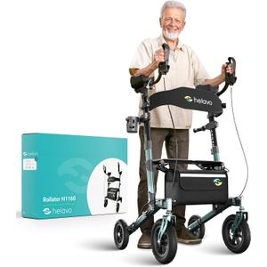 Helavo Upright Walker with Seat, Foldable Stand Up Walker with Rubber Tires | All Terrain Tall Standing Rollator, Padded Armrests, Height Adjustable, Aluminium Frame, 22.7 lbs, 300 lbs Capacity