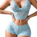 Lilosy Sexy Women Floral Lace Pajamas Lingerie Set High Waist Sheer Sleepwear See Through Nightwear Bow Ties Cami Shorts Bra and Panty 2 Piece Light Blue, Medium