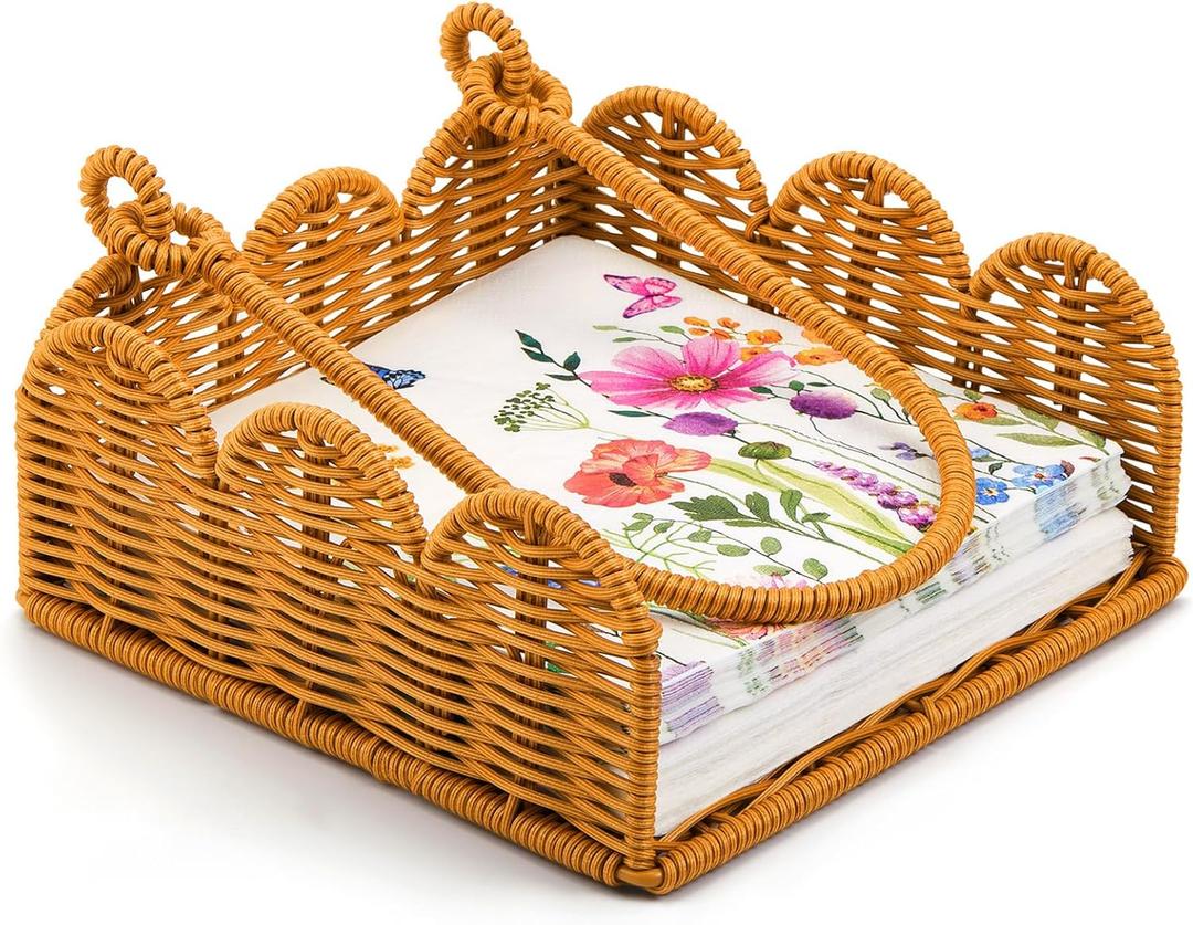 Cinnvoice Scalloped Napkin Holder Square Wicker Napkin Holder, Woven Boho Cocktail Towel Basket, Rustic Decorative Towel Tray for Kitchen Bathroom Restaurant Table 7.5 x 7.5 x 2.5 (Rattan)