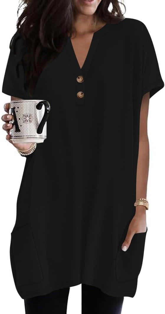 Naggoo Summer Womens Tunic Tops for Leggings with Pockets Button V Neck Short Sleeve Casual Long T Shirts XL