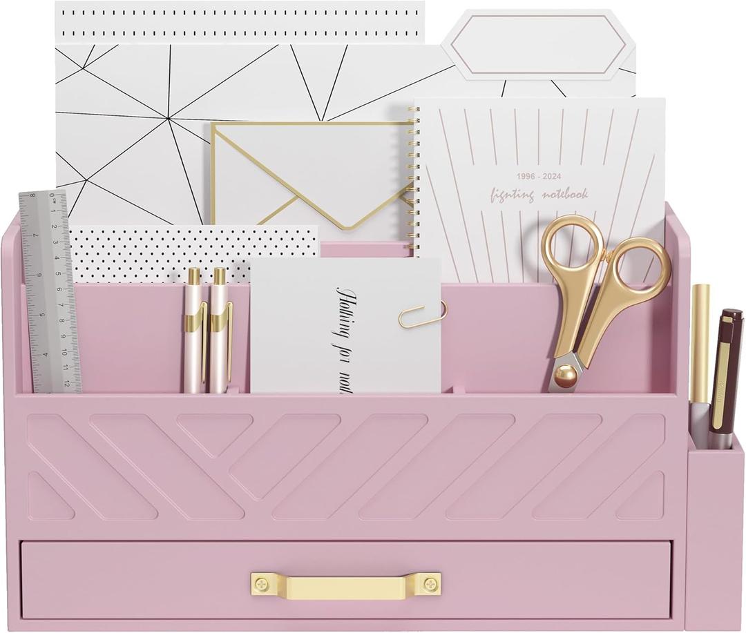 WISUCART Bamboo Desk Organizer Mail Holder Countertop Wood Desk Drawer Tabletop Storage Box Pen Holder Letter Sorter Makeup Organizer for School Home Office Supplies with Pen Holder Pink