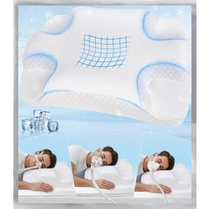Deep Sleep CPAP Pillow for Side Sleeping for All CPAP Masks Users to Reduce Air Leaks & Masks Pressure: Neck Support Pillows for Neck Pain Relief - Cooling Memory Foam Pillow Side Back Stomach Sleeper (Queen-22.1"L*14"W*(4.2"/3.7")H, White)