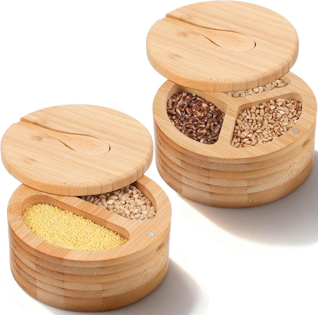SHENLIU 2 Pack Acacia Wood Salt and Pepper Bowl Box, Built-in Spoon, 2 & 3 Compartments Spices Seasoning Container, Sea Salt Cellar Holder, Magnetic Swivel Lid Bamboo Salt Box for Salt Sugar Pepper