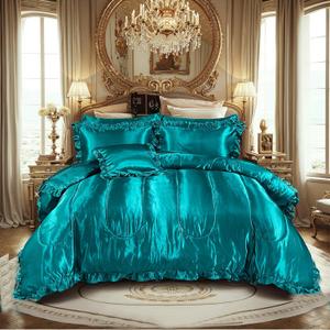 Silky Comforter Set with Sheet Set Queen 8 Pcs Peacock Green Bed in a Bag Green Bedding Set Silk Like Satin Ruffle Home Decor Sexy Hotel Silky Bed Set with 1 Cushion Cover