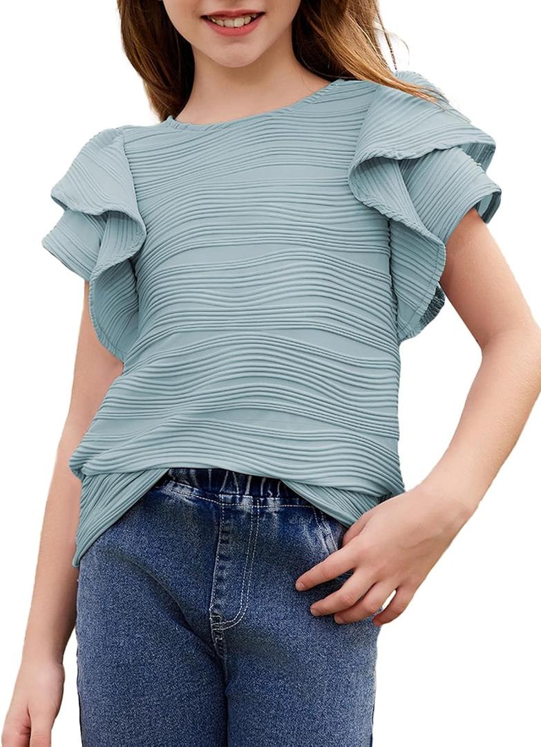 blibean Girls Ruffled Short Sleeve Textured Tops Shirts Size 6-15 Years
