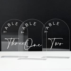 JINMURY Clear Arch Wedding Table Numbers 1-10 with Stands, 5x7 Inch Acrylic Arch Sign with White Lettering, Clear Acrylic Table Numbers for Wedding Reception