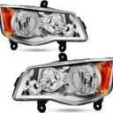 Headlight Assembly Compatible with 2011-2020 Dodge Grand Caravan / 2008-2016 Chrysler Town & Country Headlamp Chrome with Amber Reflector Factory Style Replacement Pair