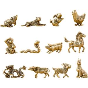 12 Pieces Chinese Zodiac Set Brass Figurine Vintage Birthday Gifts Animal Statue Mini Zodiac Statues for Office Desktop Home
