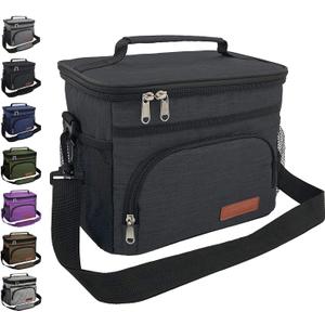 ExtraCharm Insulated Lunch Bag for Women/Men - Reusable Lunch Box for Office Picnic Hiking Beach - Leakproof Cooler Tote Bag Organizer with Adjustable Shoulder Strap for Adults - Black