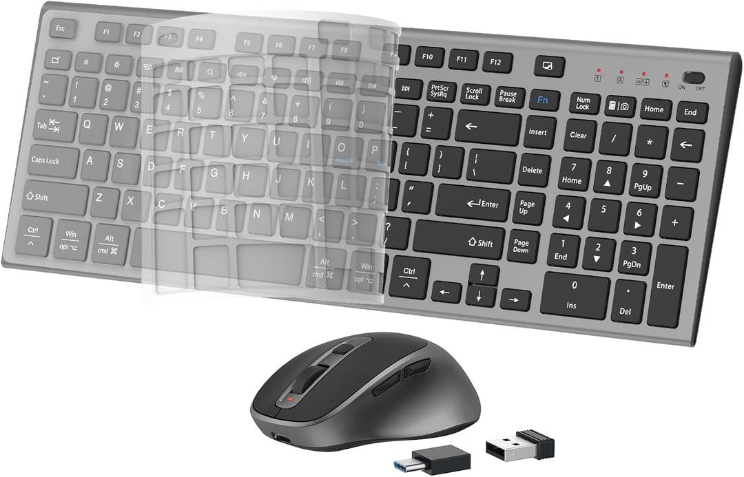 FENIFOX Wireless Keyboard and Mouse, Rechargeable USB C Combo Silent Quiet Compact Full Size Flat with Number Pad Soft Cover for Mac MacBook iMac Windows PC Laptop Computer Office - Black & Grey