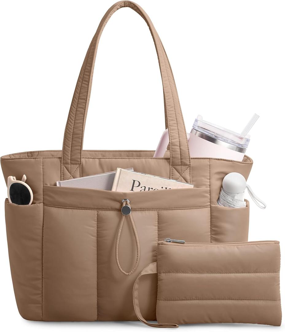 TOPDesign Puffy Tote Bag for Women with Cup Holder & Laptop Compartment & Cosmetic Bag & Trolley Sleeve for Work, Travel (Medium, Khaki)