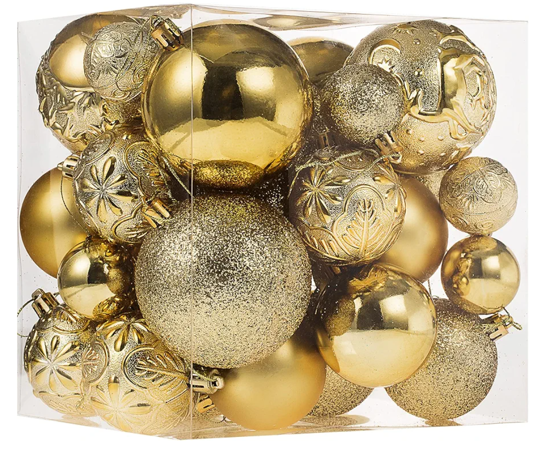 Senjie Gold Shatterproof Christmas Ball Ornaments, 32 Pcs, Plastic, Hanging, Christmas, Wedding