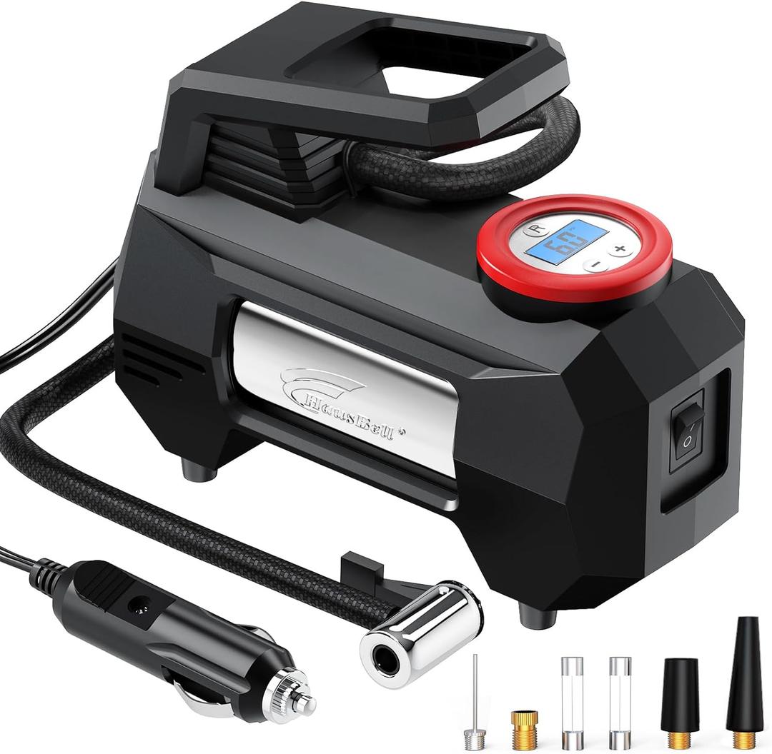 HAUSBELL 150 PSI Tire Inflator Portable Air Compressor for Car Tires, Air Pump for Car, 12V DC-Powered Tire Pump with Valve Adapter, Digital Pressure Gauge, Emergency LED Light for Bicycle, Black