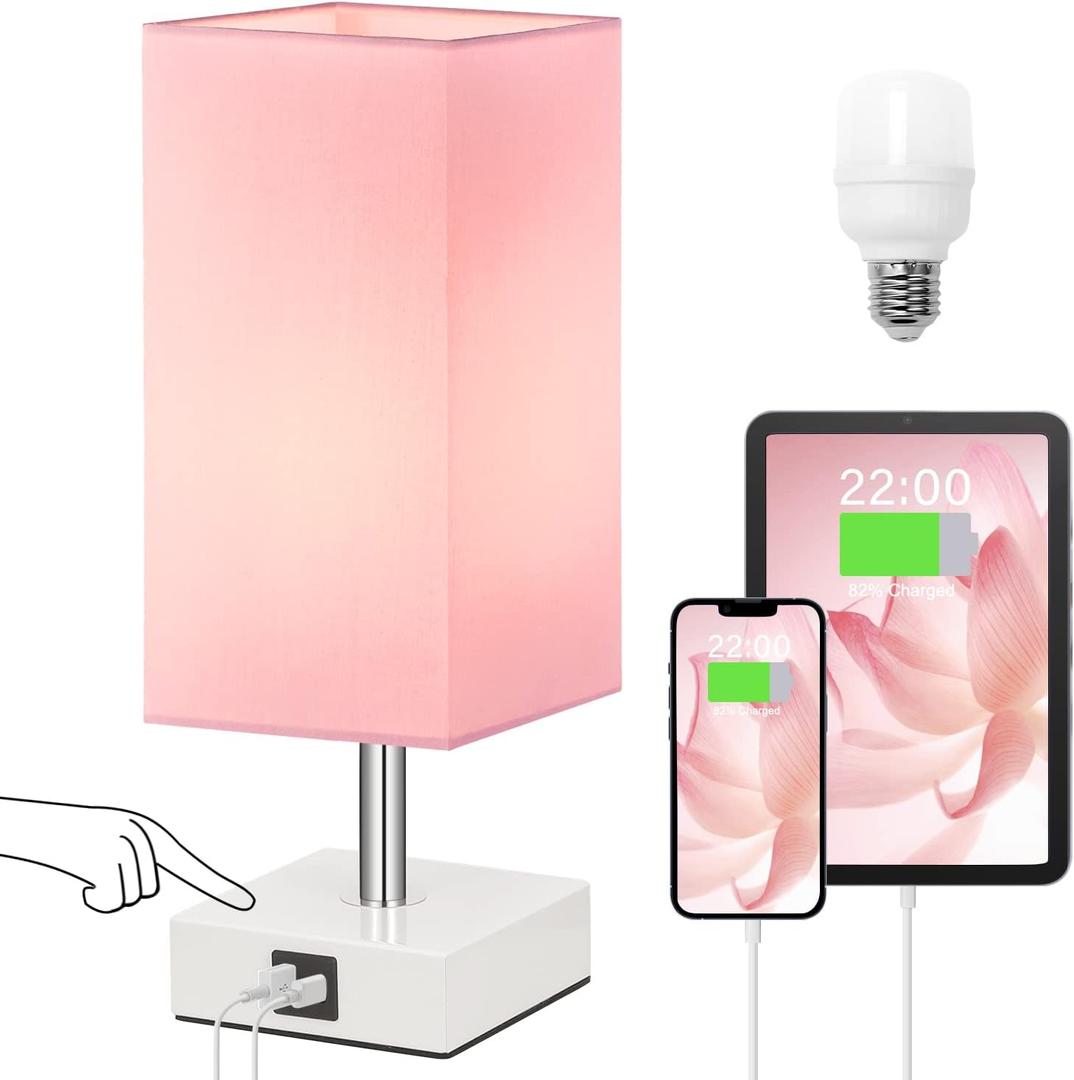 Table Lamp with 2 USB Charging Ports, 3 Way Touch Lamps Beside Desk, Nightstand Lamp for Bedrooms Living Room, Pink Shade with White Base, LED Bulb Included(Pink)