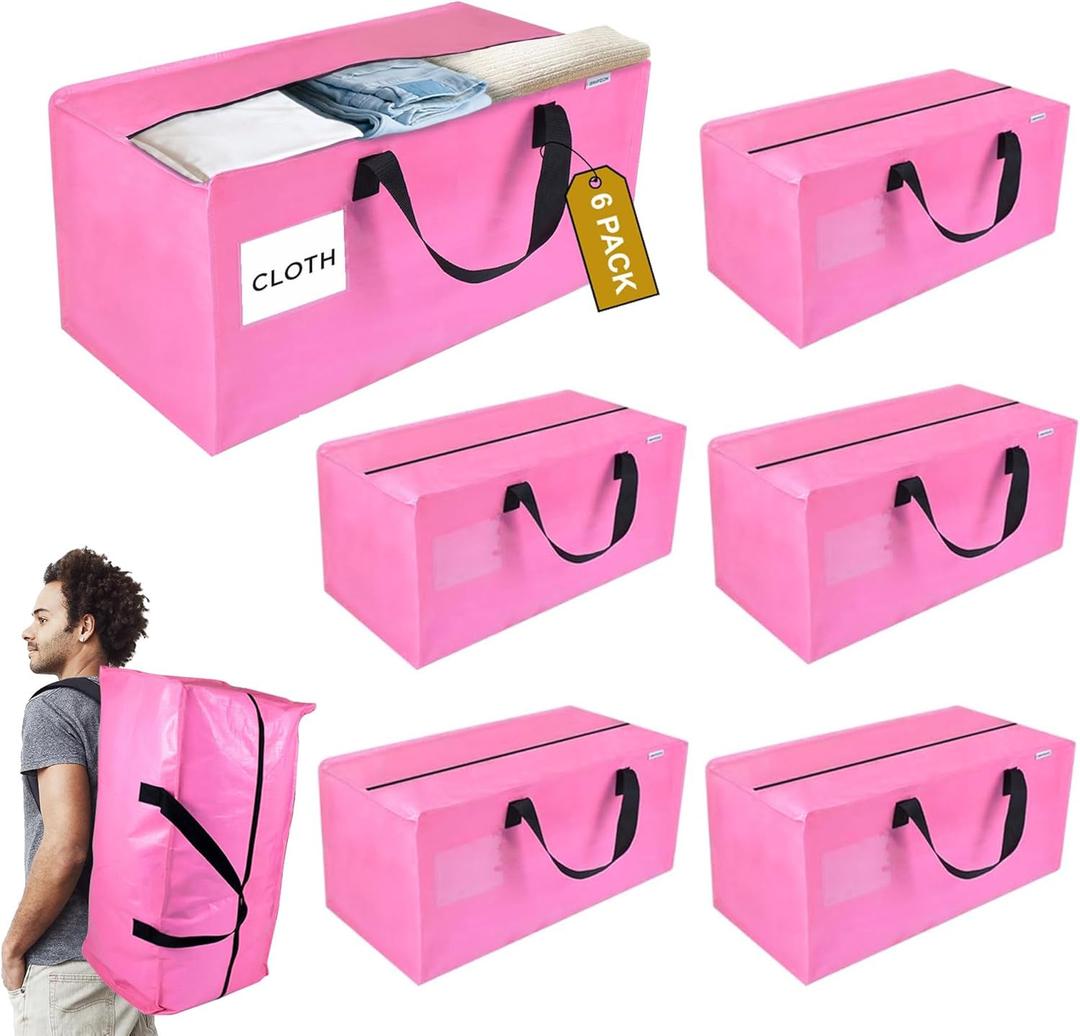 3 Pack Extra Large Moving Bags with Zippers, Backpack Straps & Reinforced Handles, Heavy Duty Storage Bags for Clothes, Moving, Space Saving, Pink