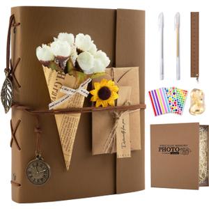 Scrapbook Photo Album 100 Pages, 60 Page Self Adhesive+40 Page Kraft Paper DIY Photo Book for 2x3 3x5 4x6 5x7 Pictures, Leather Memory Book for Wedding Baby Family Travel Birthday Christmas