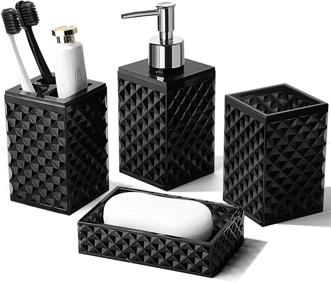 Black Bathroom Accessories Set, 4 Pack Matte Black Bath Accessory Sets Complete, Acrylic Soap Dispenser and Toothbrush Holder Set for Bathroom Counter Sink, Modern Bathroom Decor