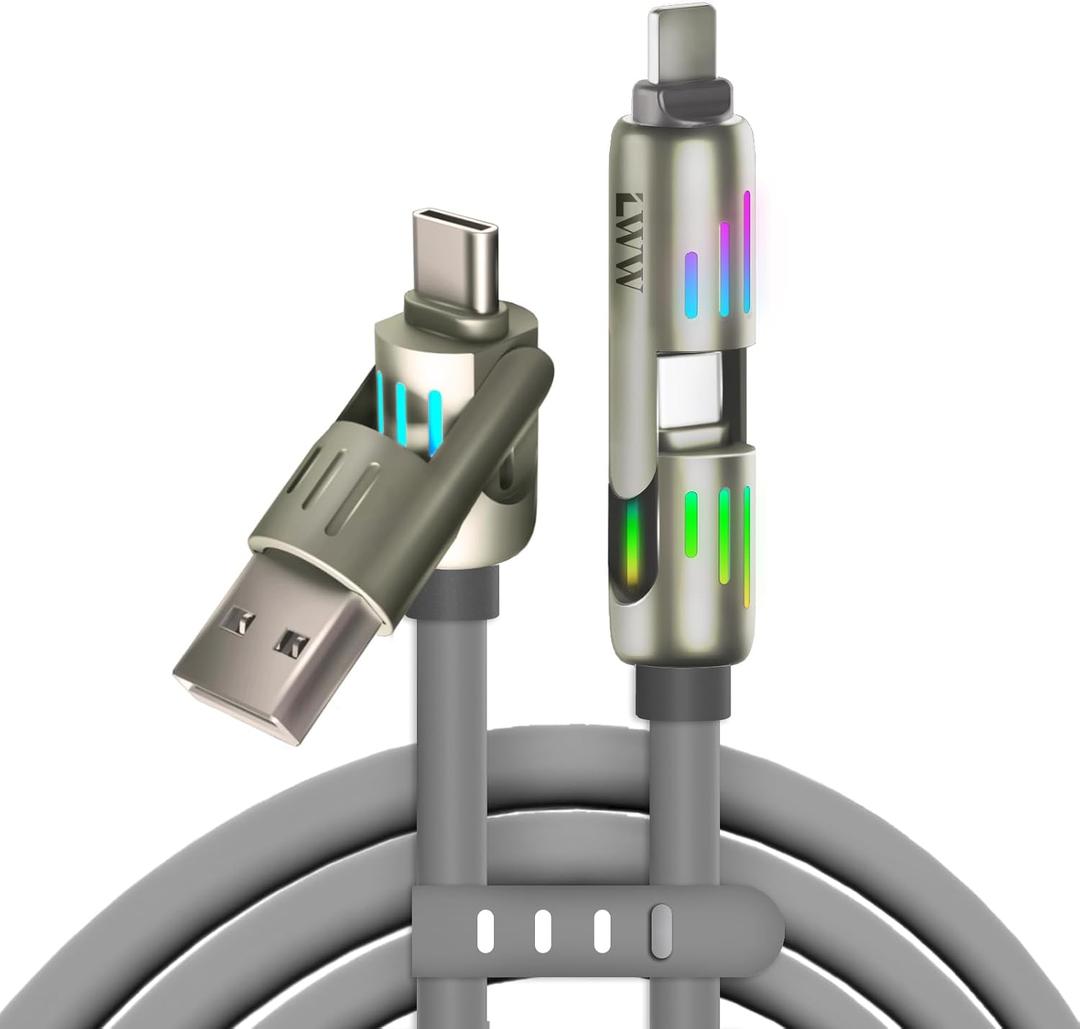 240w 4-in-1 USB C Cable,Charger Cable with Breathing Light, PD 5A Multi Fast Charging & Data Sync Silicone Compatible for iPhone Samsung Laptop Multi Device Charging,4FT (Gery) (Gray)