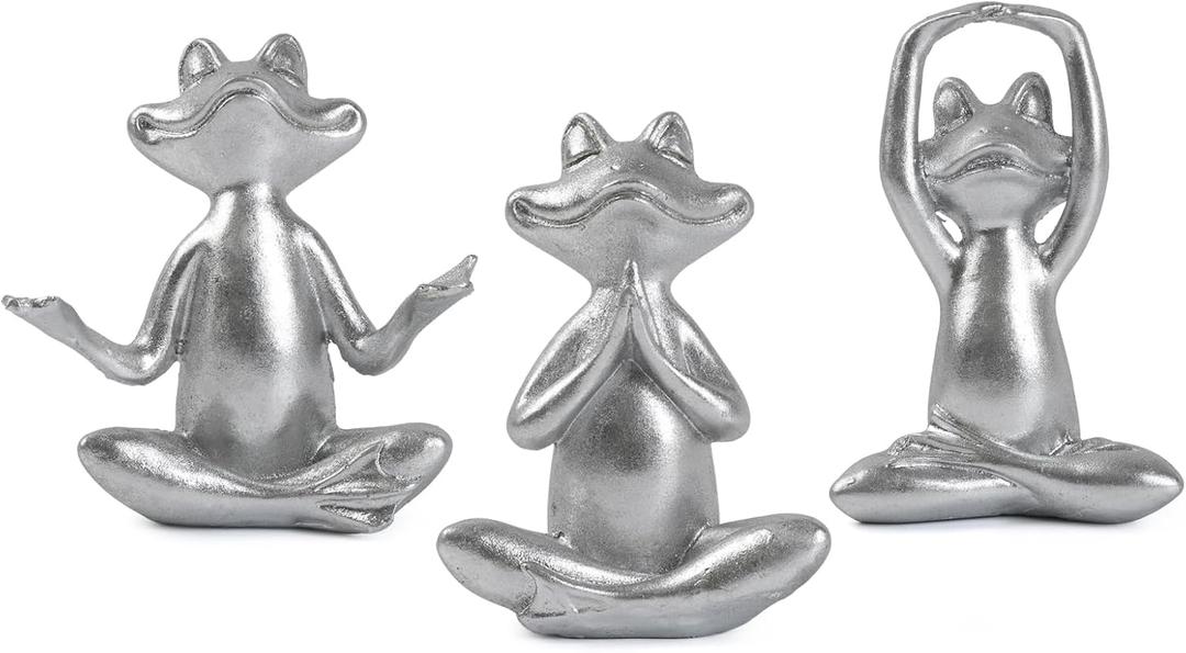Silver Frog Figurines Yoga Decor Set of 3 Frog Yoga Statues for Modern Living Room Table Office Bookshelf Shelves Home Sculptures Decor, for Mom Dad Women