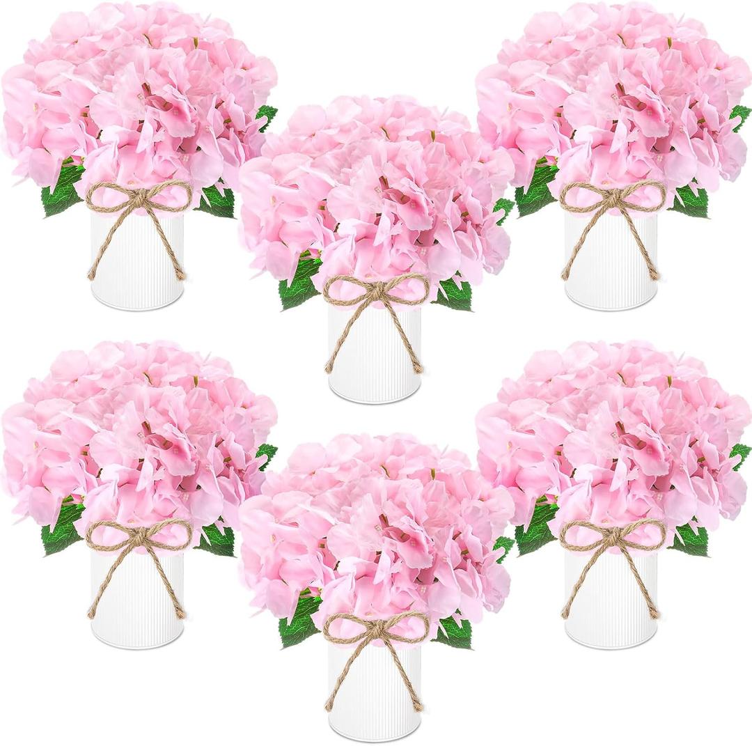 Mimorou 6 Sets Flower Table Centerpieces Pink Artificial Wedding Faux Hydrangeas with Rustic Metal Vase for Office Home Kitchen Table Wedding Bridal Tea Party Decoration