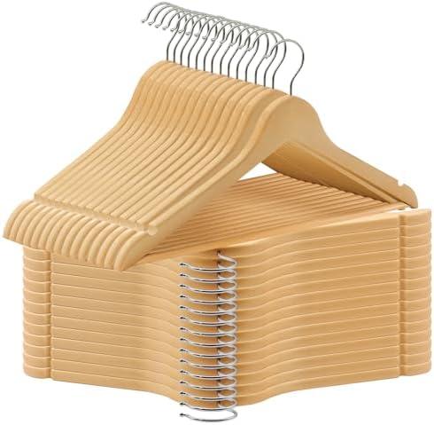 ABHENG 25 Pack Wooden Coat Hangers, 360° Swivel Hook, Suit Hangers with Anti-Slip Notches, Clothes Hangers for Jackets, Shirts, Dress, Natural UAWY0530N
