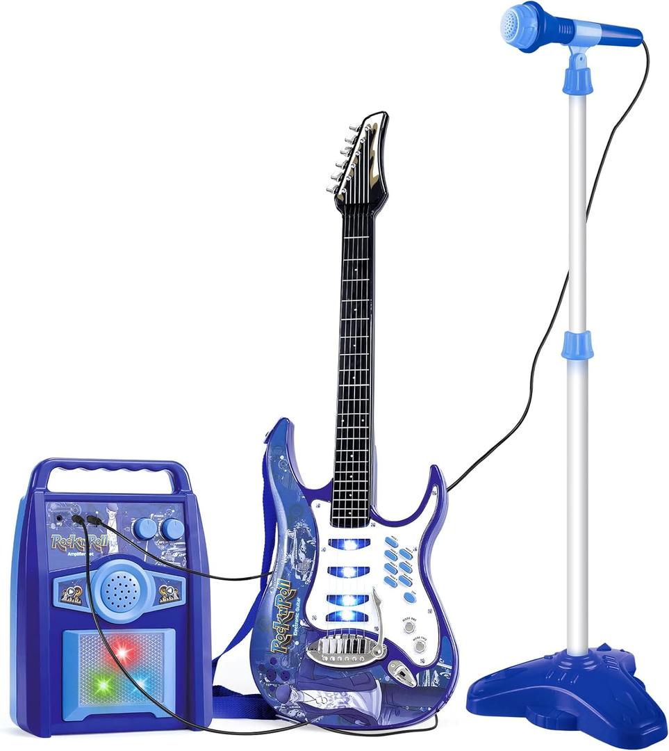 deAO Musical Guitar Play Set,Adjustable Height Microphone,Amplifier Set with Stand,Music Light Karaoke Music Toys Birthday for Kids Boys Girls (Blue)