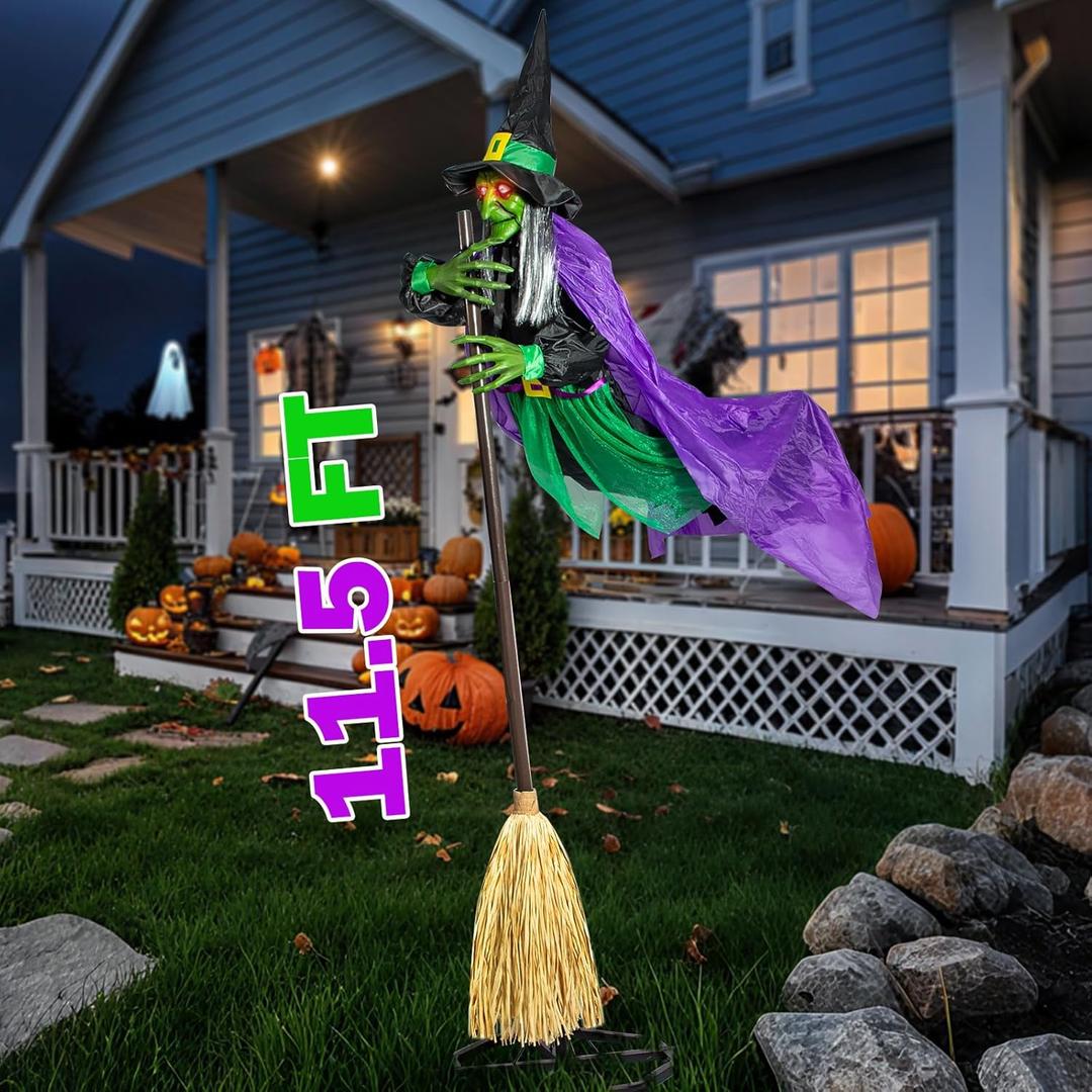 Halloween Decorations Outdoor - 12 Ft Animated Hovering Witch with Sound & Touch Activated Sensor - Witch on Broom Halloween Decorations Outdoor, Hanging Ghost for Garden Yard Lawn