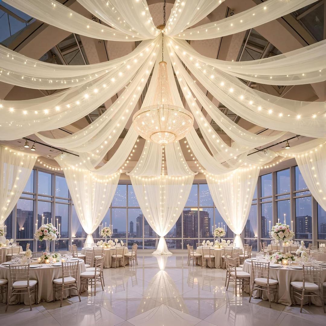 6 Panels Beige Ceiling Curtains with Lights for Weddings - 5ftx30ft Wrinkle-Free Tulle Fabric Wedding Arch Draping Ceiling Drapes Decorations for Wedding Party Ceremony Stage Tent Event, 60"W x 360"L