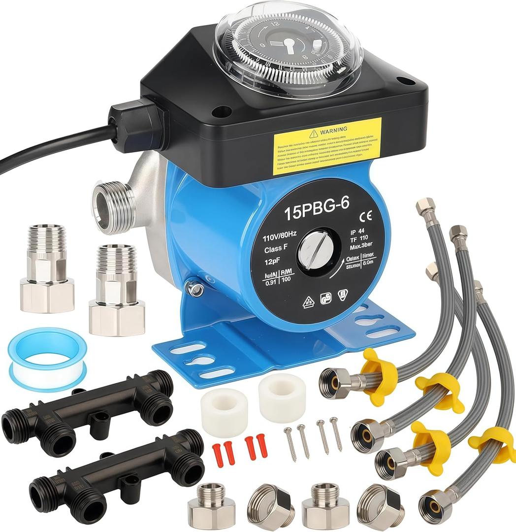 Instant Hot Water Recirculating Pump Kit with Built-in Timer  Compatible with Watts 0955805 & Grundfos 595916 Systems, Includes 2 Brass Sensor Valves (595926), 4 Supply Lines, and 4 Adapters