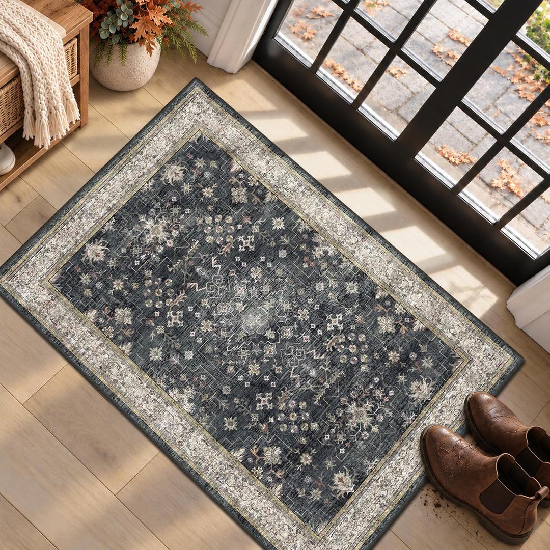 Black Washable 2x3 Entry Rug, Small Rugs for Entryway Kitchen Bathroom Door Mat Indoor Entrance, Non Slip Rubber Backing, Stain & Fade Resistant, Ashen Charcoal Floral Farmhouse Decor