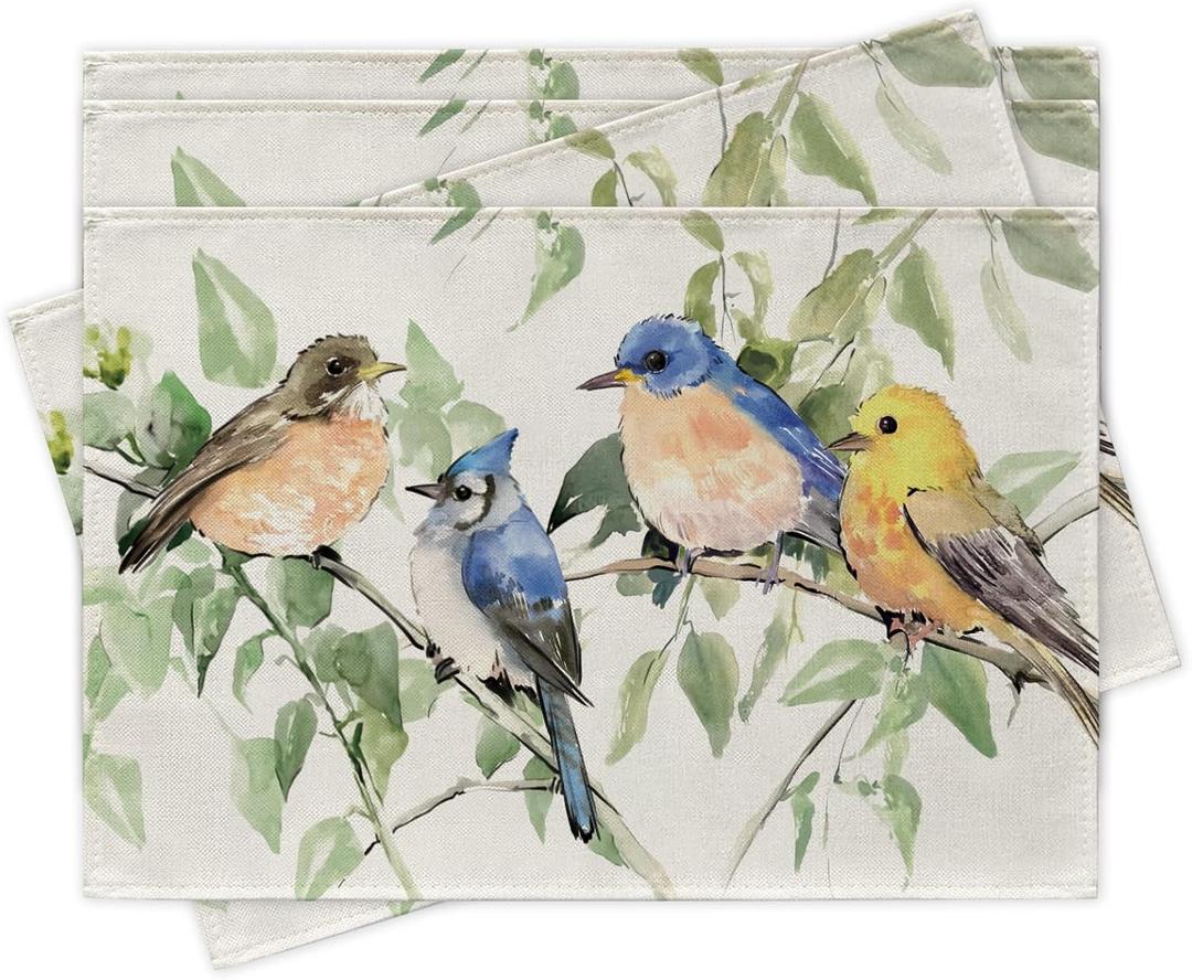 Spring Summer Birds Placemats Set of 4, Bluebird Blue Jay Goldfinch Chickadee Dining Place Mats Table Decor, Seasonal Branches Leaves Home Kitchen Decoration 12 x 18 Inch