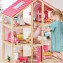 Tiny Land Wooden Dollhouse for Girls - 6 Rooms Wooden Doll House, DIY Pretend Doll House with 31Pcs Furniture Accessories, Creative Gift for Girl Ages 3+ (Pink)