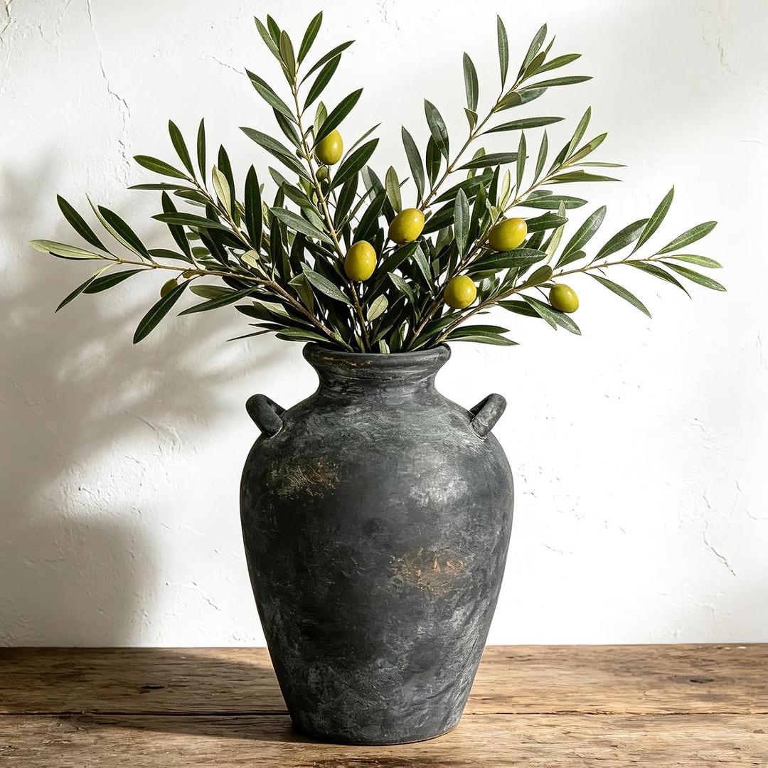 Ceramic Flower Vase with Handles, 9.2 Inch Rustic Vase Farmhouse Decorative Pottery Vase for Home Decor, Living Room, Bathroom, Kitchen, Shelf, Mantel, Black